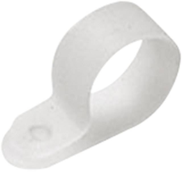 En vit plastisk kabelklämma för att fästa kablar på ytor, med en fästöppning i ena änden.
