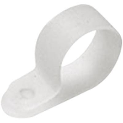 En vit plastisk kabelklämma för att fästa kablar på ytor, med en fästöppning i ena änden.