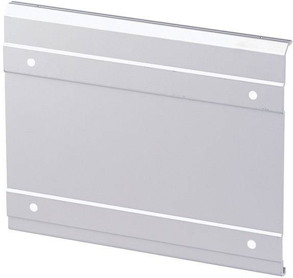 En rektangulär, silver metallskylt med två horisontella räfflor och fyra hål i hörnen för fästning.