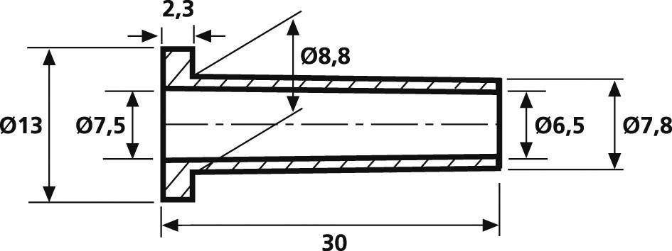 Schematisk teknisk ritning av en cylindrisk komponent med mått: Diameter 13, 7,5, 8,8, 6,5, 7,8; Längd 30; Väggtjocklek 2,3.