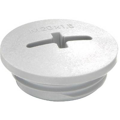Rundad, grå plastpropp med gänga och spår för skruvmejsel, märkt 'M20x1,5' på ovansidan, avsedd för tätning av öppningar.