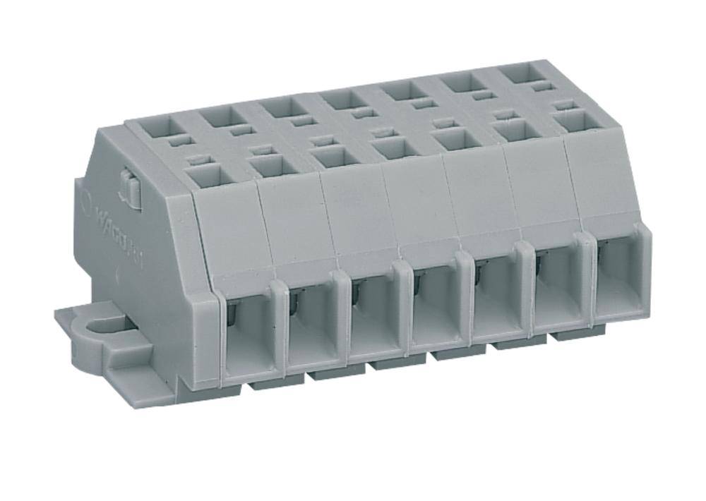 En grå plastpropp med flera kvadratiska anslutningsplatser, lämplig för elektriska kopplingar i tekniska tillämpningar.