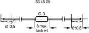 Diagram över en komponent med mått: Längd 53, Bredd 6 mm, Tjocklek 3 mm. Områden markerade: Ø 0,5 mm och Ø 3 mm. Text: '8 max. lackerad'.