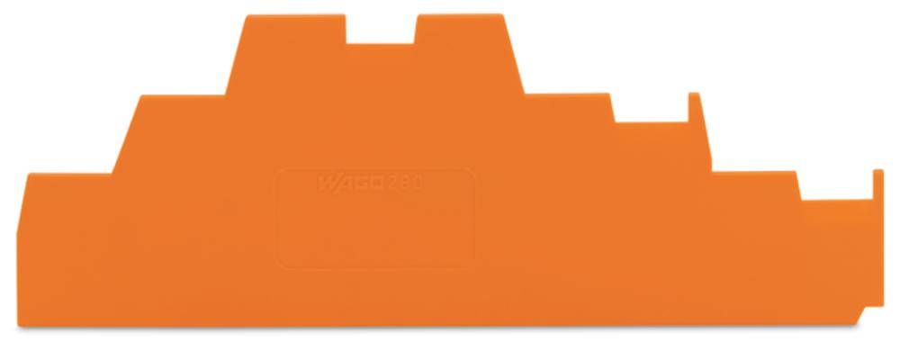 Orange plastformad del i trappstegsform, sannolikt ett geometriskt verktyg eller en komponent för modellbygge, med flera rektangulära nivåer.