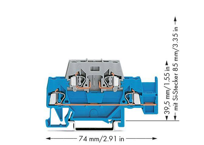 Elektriskt vägguttag i blå färg, med dimensioner: 74 mm bredd, 39,5 mm höjd, 85 mm med S-kontakt.
