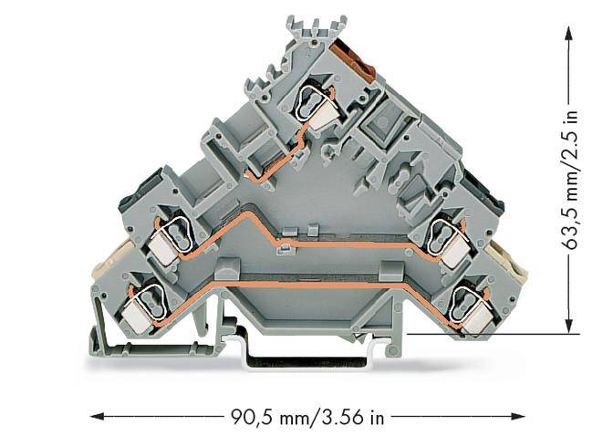 En grå-orange radkontaktadapter på vit bakgrund. Dimensioner: 90,5 mm bred, 63,5 mm hög. Elektriska kontakter synliga.