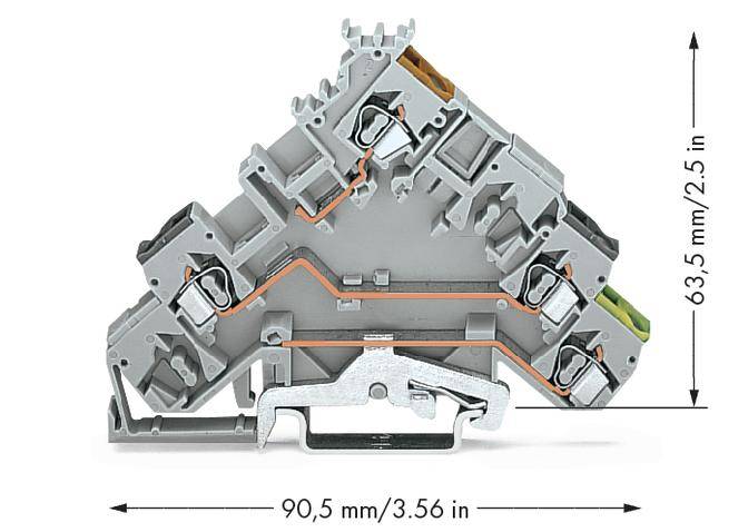 En grå elektrisk anslutningsblock med dimensioner: 90,5 mm (3,56 tum) bred och 63,5 mm (2,5 tum) hög.