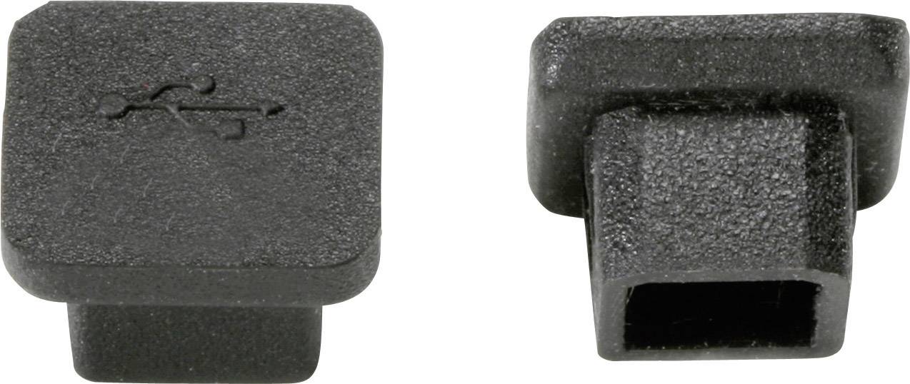 Två svarta USB-portskydd. Till vänster ovansidan med USB-symbol, till höger sidan som täcker anslutningen.