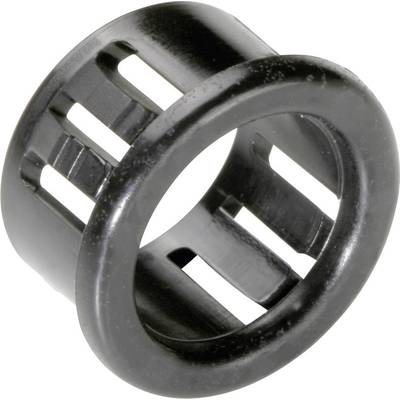 Svart plastlager med slitsar, cylindrisk form, sannolikt avsett för montering av en roterande axel eller välte.