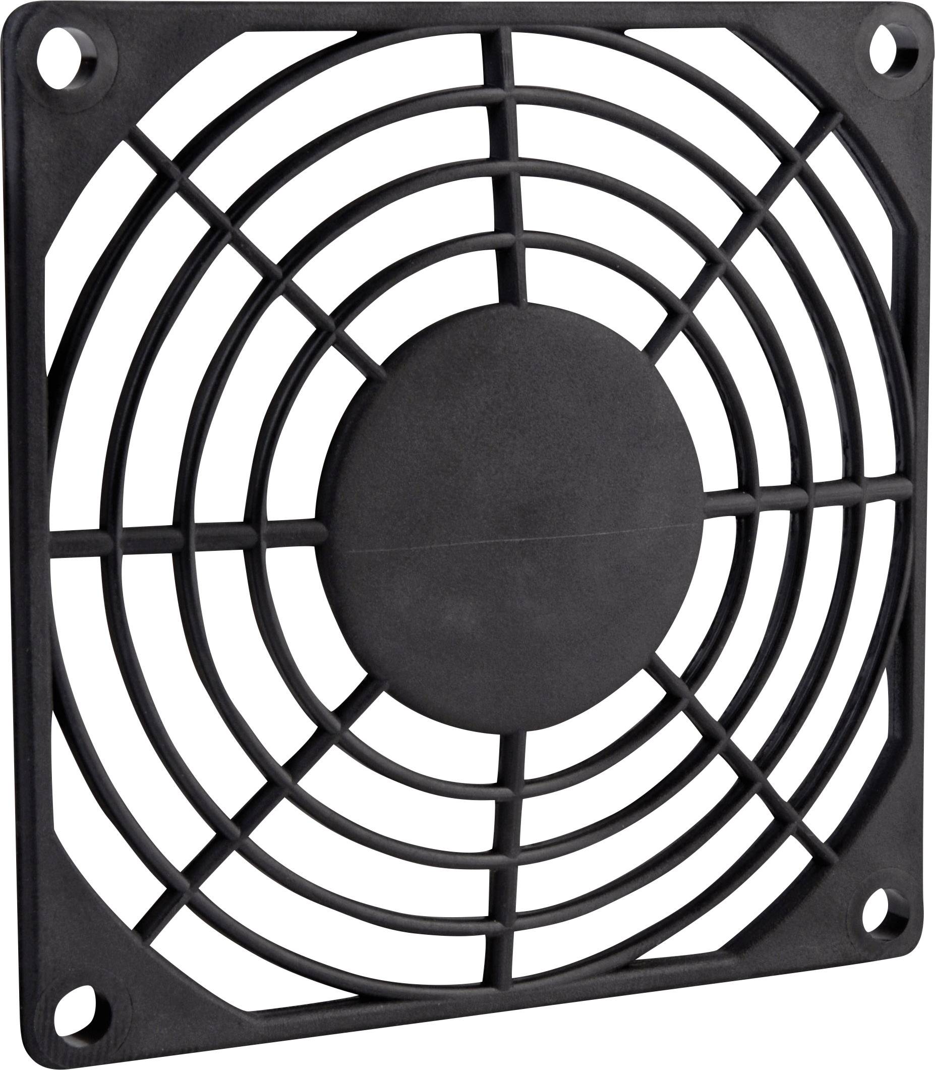 Ett kvadratiskt ventilationsgaller av svart plast med avrundade hörn och ett centralt, cirkelformat mönster.