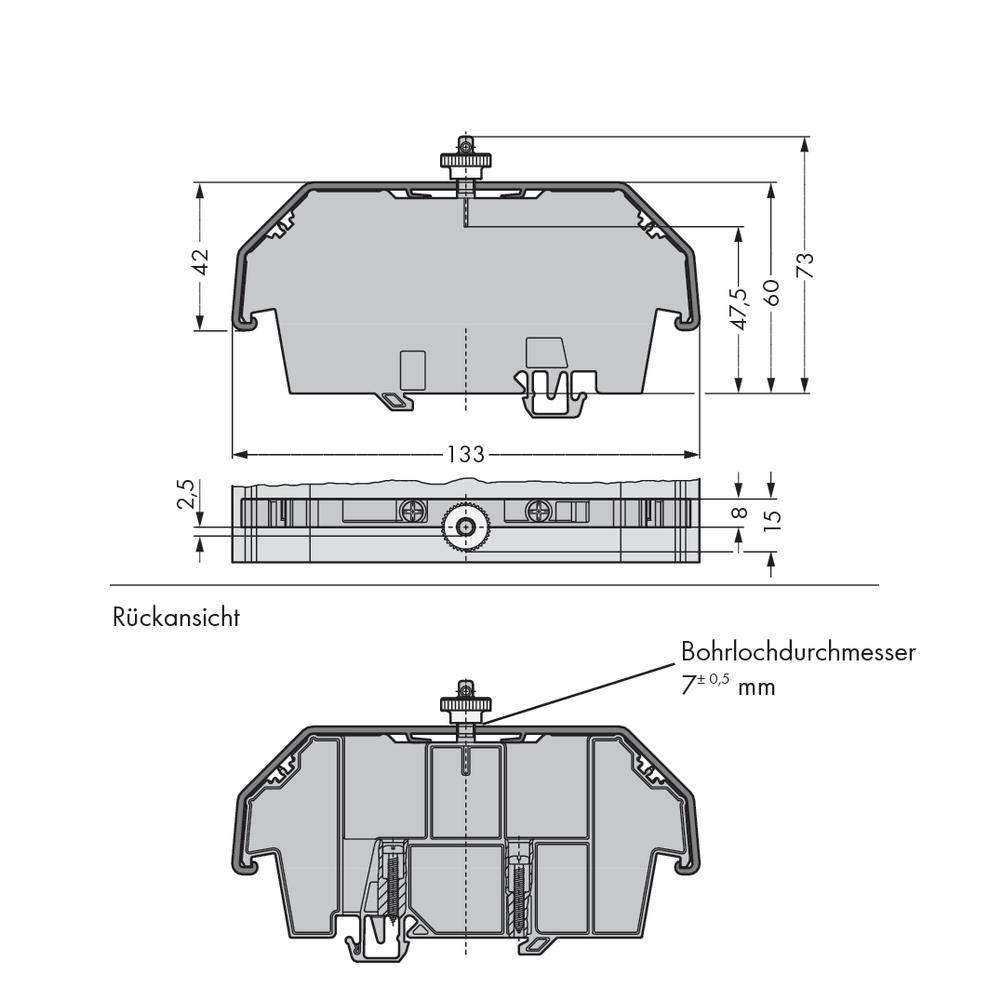 Teknisk ritning av ett hölje med mått: Bredd 133 mm, höjd 47,5 mm; håldiameter 7±0,5 mm; bak- och sidovy.