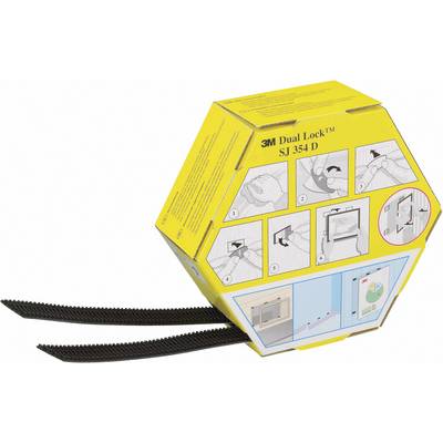 '3M Dual Lock SJ 354 D' förpackning med illustrativ monteringsanvisning som visar steg och användningsexempel för en kardborreförslutning.
