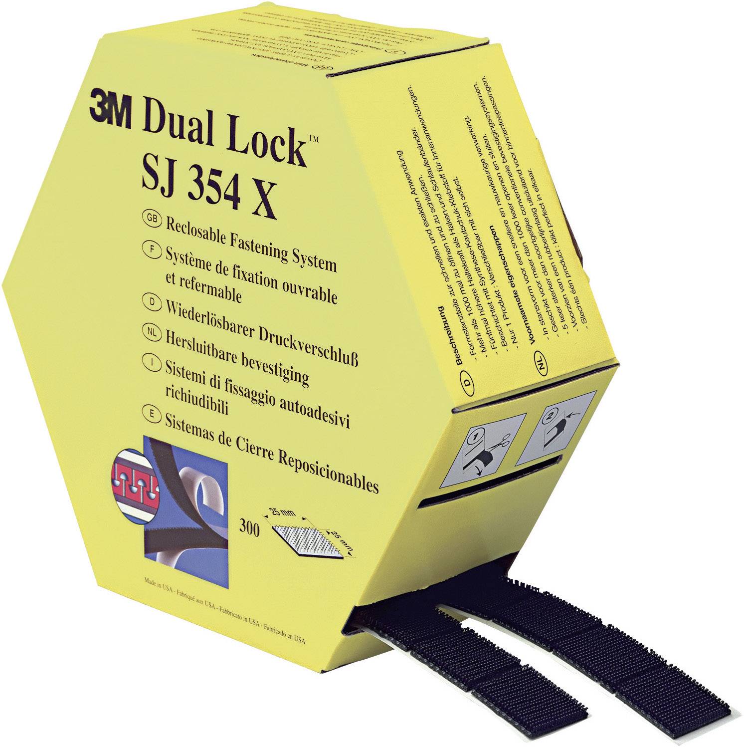 Gul förpackning från märket 3M med texten 'Dual Lock SJ 354 X'. Innehåller återanvändbara fästanordningar.