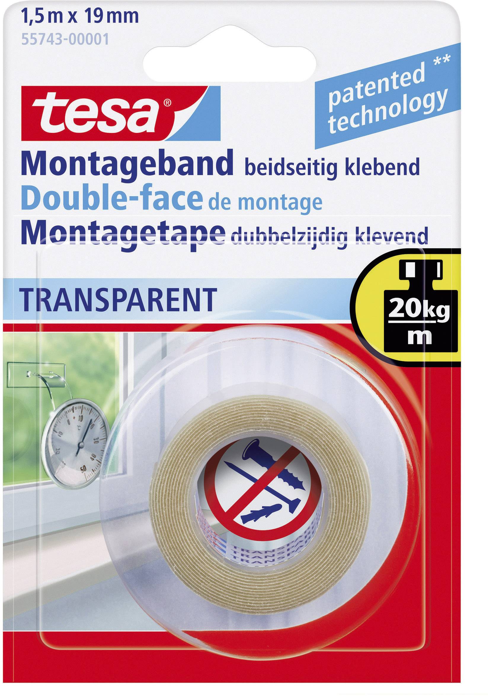 Tesa monteringsband, dubbelhäftande, transparent, 1,5m x 19mm, bär upp till 20kg/m, lämplig för glatta ytor.