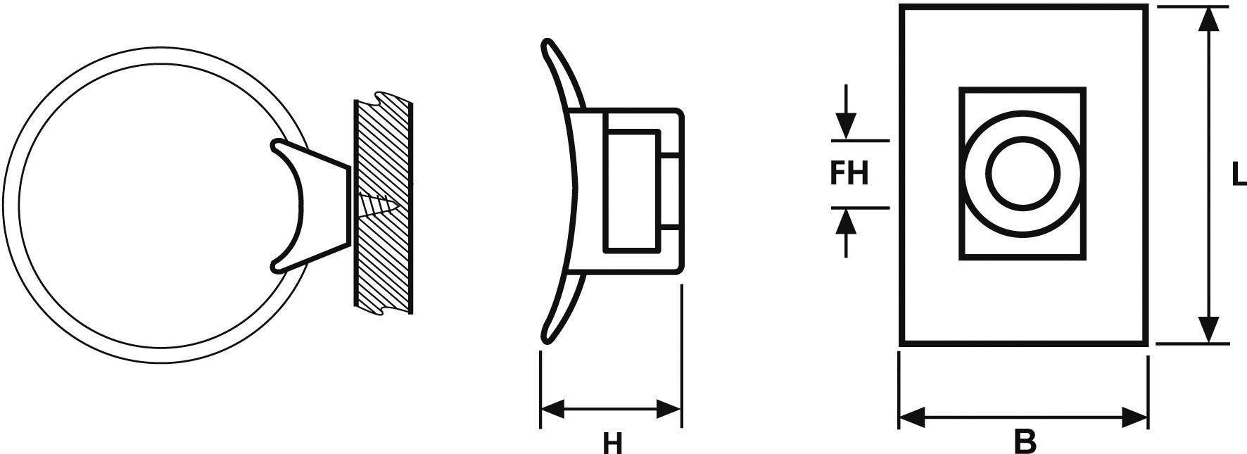 Teknisk ritning av en rund dörrklocktryckknapp med dimensioner: Höjd (H), Bredd (B), Längd (L), Avstånd (FH). Ovanifrån och tvärsnittsvy.