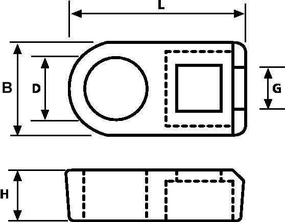 Teknisk ritning av en metallisk komponent med fyra dimensionsangivelser: B, D, G, H. Överst vy uppifrån, nederst sidovy.