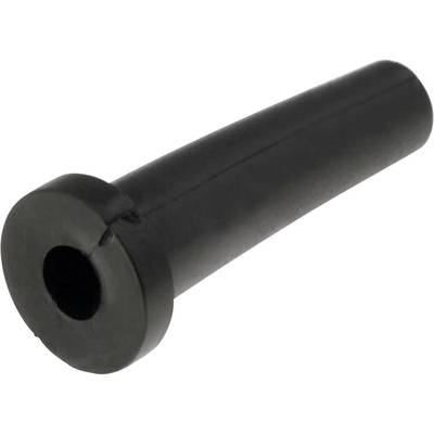 Svart gummipropp med ett hål i mitten, cylindrisk form, synlig sidosöm, används för att täppa till öppningar.