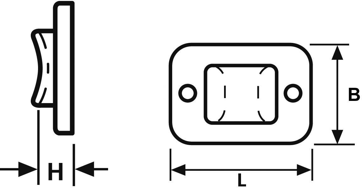 Teknisk ritning av en rektangulär komponent med mått: Bredd (B), Höjd (H), Längd (L). Fram- och sidovy.