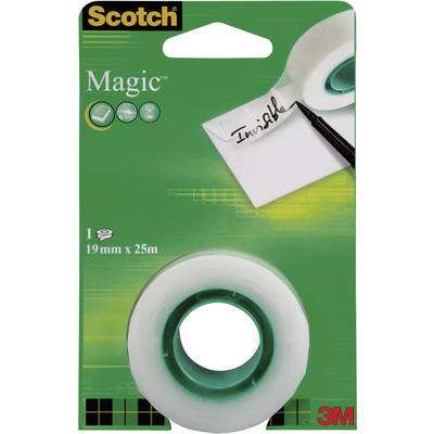 Förpackning med genomskinlig tejp 'Magic' från Scotch, 19mm x 25m, med illustration av användning på papper.