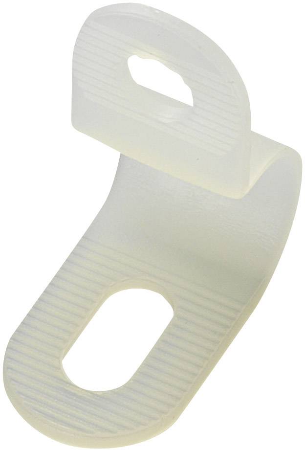 En vit, rektangulär plastklämma med två öppningar för att fästa objekt.