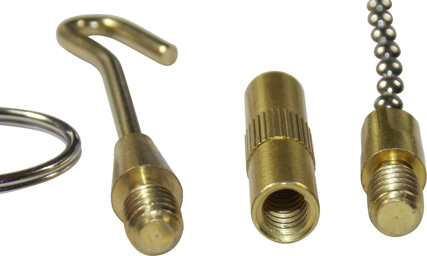 Bilden visar metalladaptrar med olika ändar, som en krok och ett kulled. De är tillverkade av mässing och har gängor.