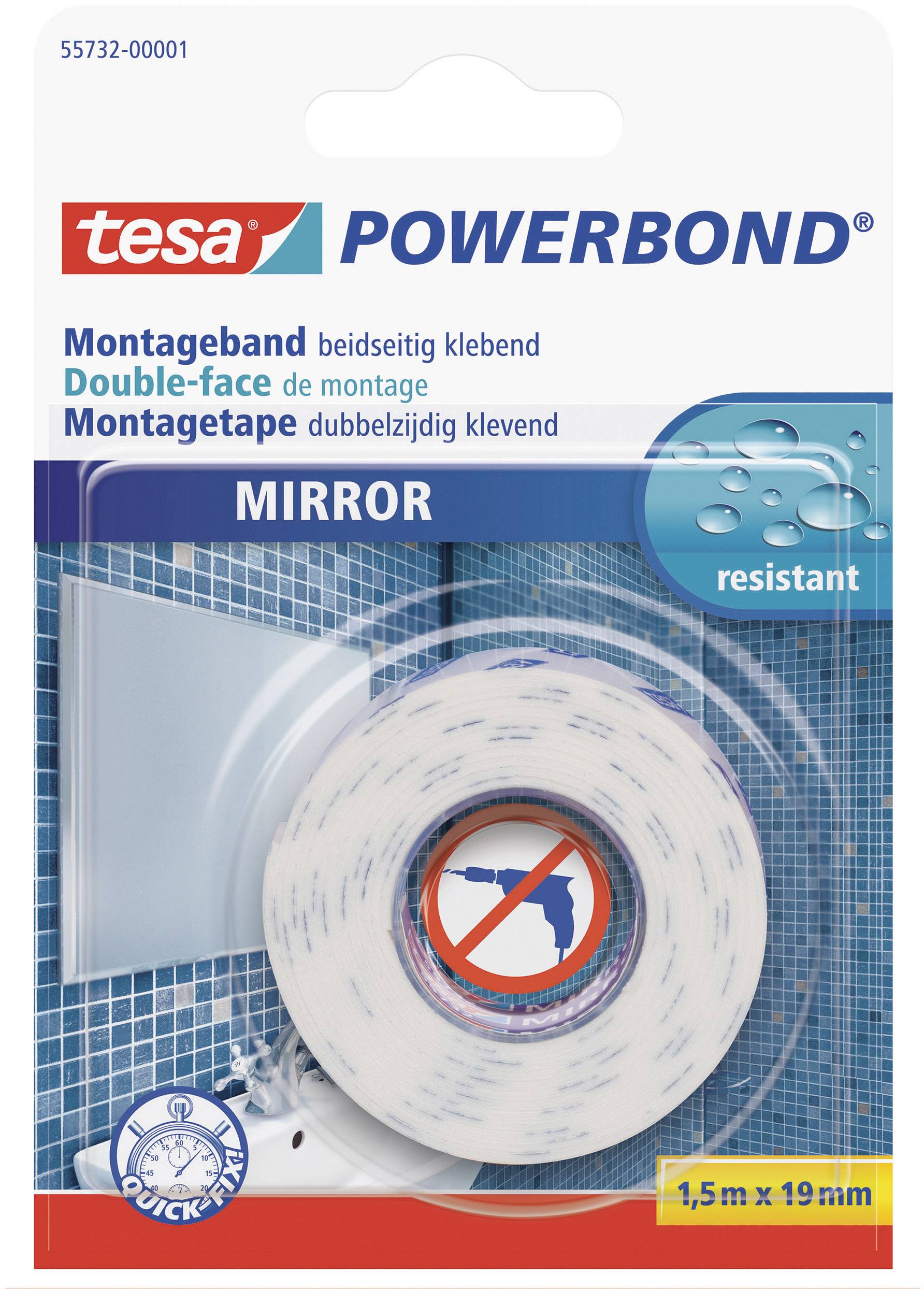 'Förpackning av Powerbond monteringsband, dubbelhäftande, fuktigresistent, idealisk för spegelmontering, 1,5 m x 19 mm.'