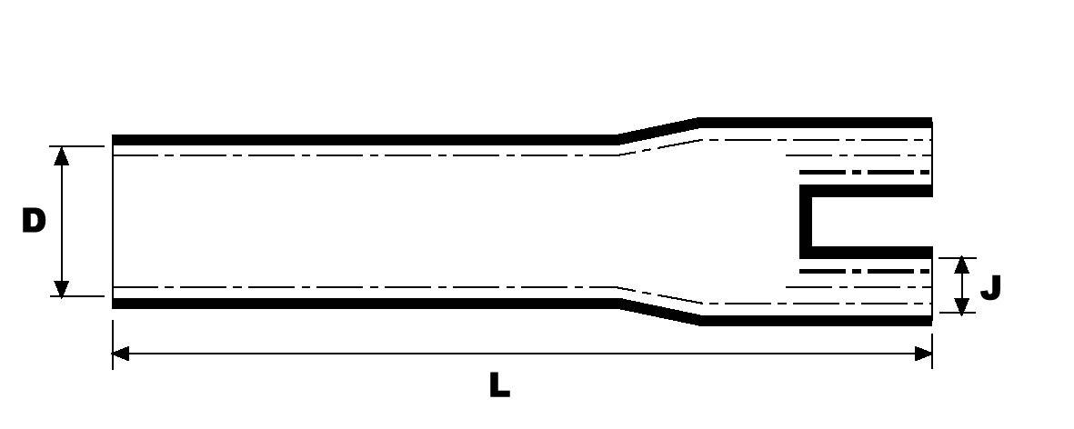 Teknisk ritning av en röradapter med uppgifter om längd (L), diameter (D) och skåradjup (J).