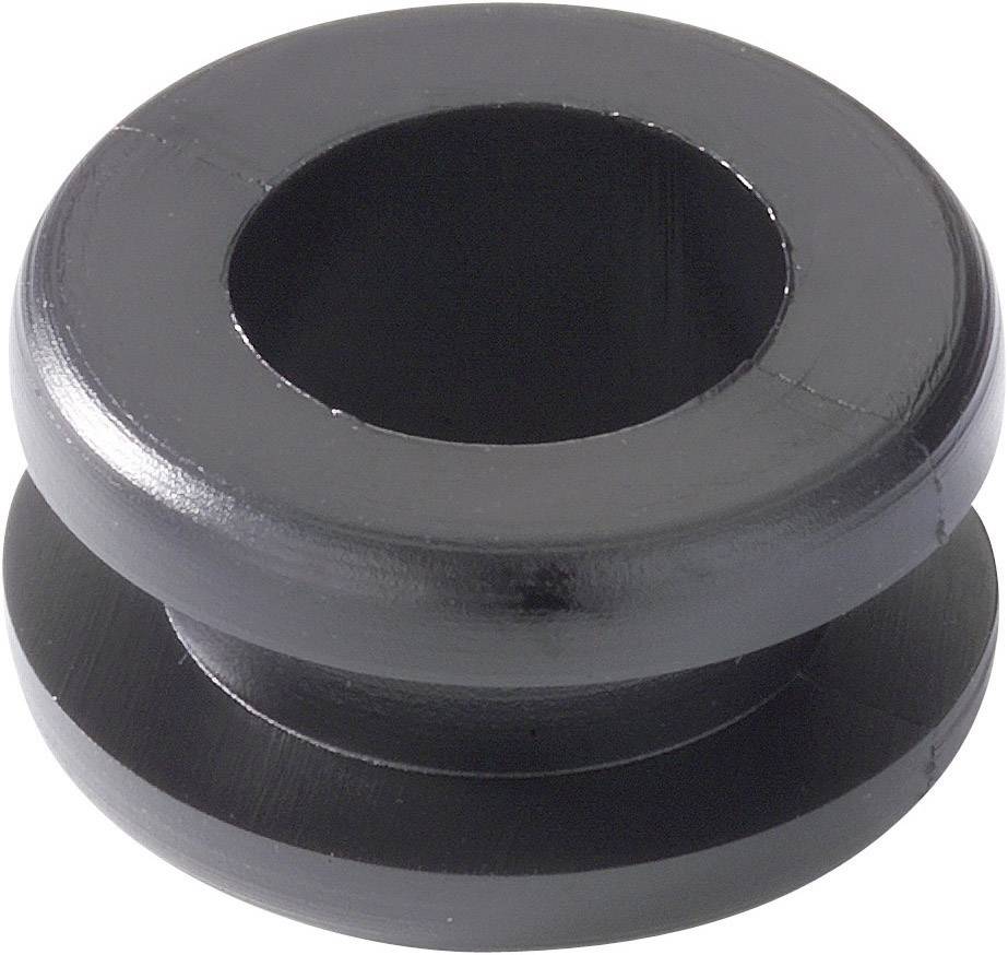 Svart gummimunstyckе med ett runt hål i mitten, sedd från sidan, som visar dess cylindriska och symmetriska form.
