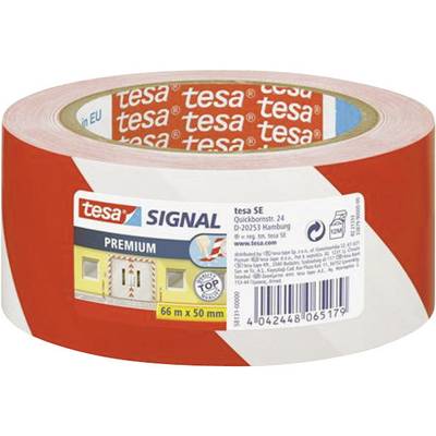 En rulle röd-vit avspärrningsband från tesa med trycket 'SIGNAL PREMIUM' och en längd på 66 m.
