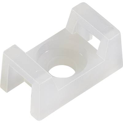 En vit, rektangulär plastfäste med en central öppning och sidofästen, använd för kabelmontering.