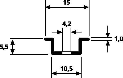 Teknisk ritning av en U-formad profil. Mått: Bredd 15 mm, invändig djup 5,5 mm, invändig bredd 10,5 mm, flänsbredd 1 mm.