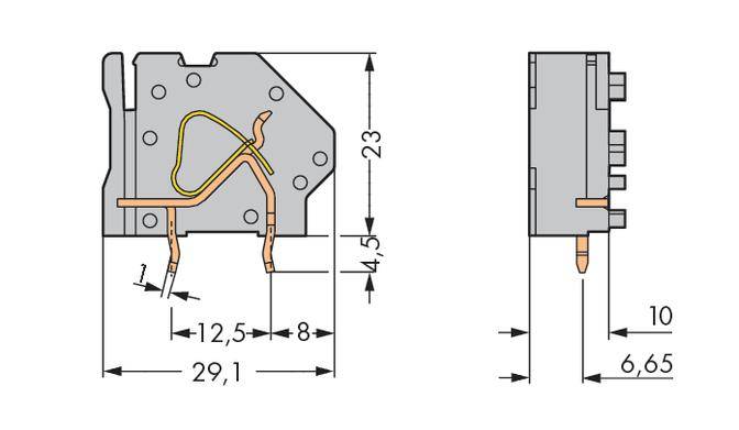 Teknisk ritning av en elektrisk komponent med dimensioner på 23x29,1 mm. Visar anslutningar och intern struktur i genomskärning.