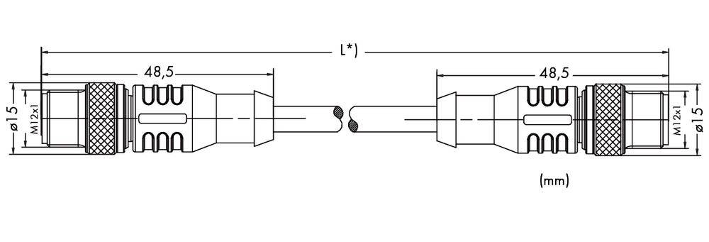 Teknisk ritning av en cylindrisk kontakt med mått: längd 48,5 mm, diameter 18,5 mm. Symmetrisk framställning.