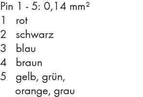 'Pin 1 - 5: 0,14 mm²' Färgkodning. 1: röd, 2: svart, 3: blå, 4: brun, 5: gul, grön, orange, grå.