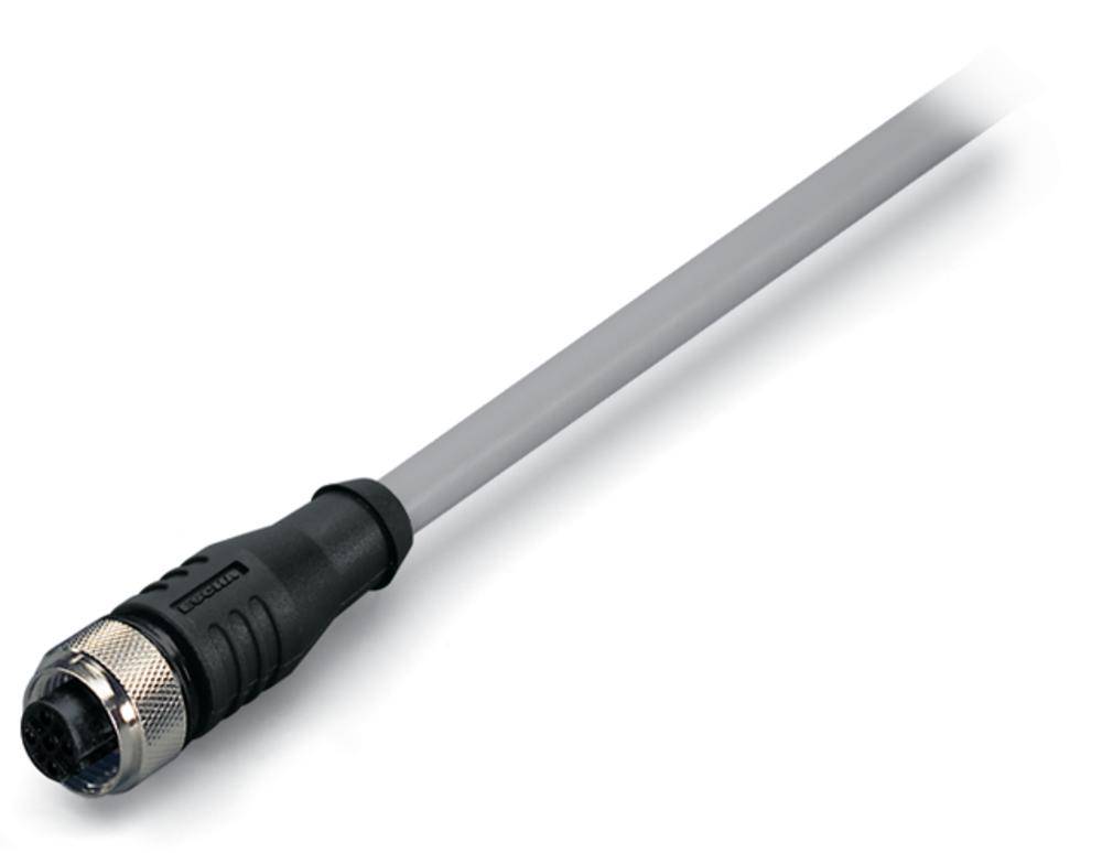 En grå kabel med en svart och silver kontakt, möjligen lämplig för industriella eller tekniska tillämpningar.