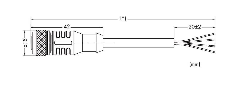 Teknisk ritning av en kontakt med kablar. Dimensioner: Total längd 'L', kontaktbredd 15 mm, längdangivelser 42 mm och 20±2 mm.