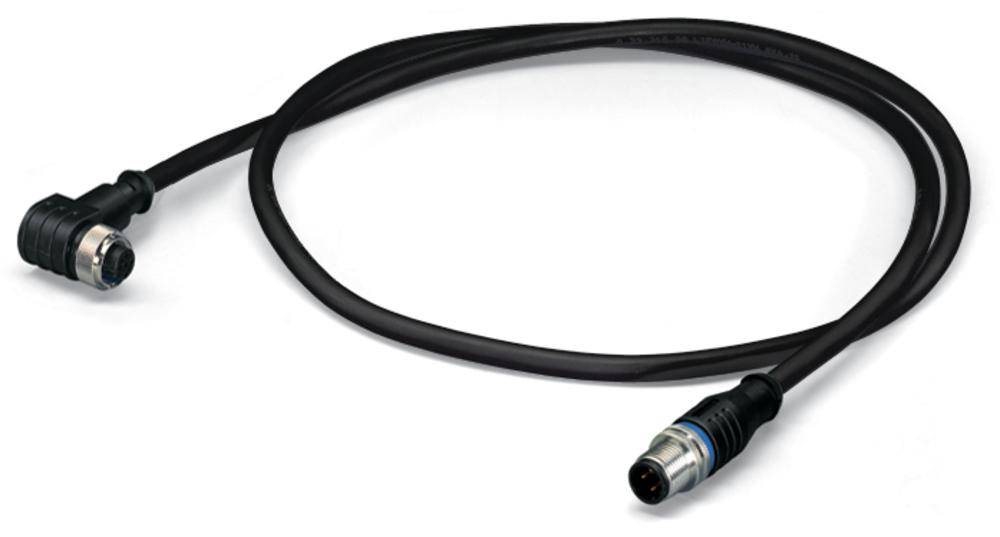 Svart kabel med vinklat kontaktdon och rakt kontaktdon, lämplig för industriella tillämpningar.