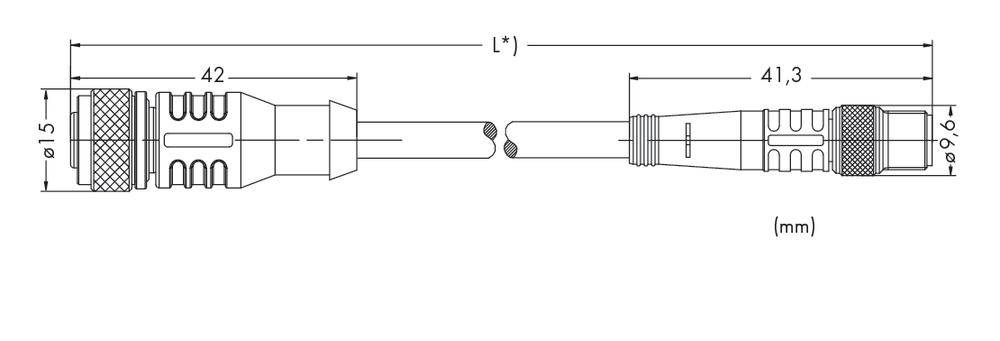 Teknisk ritning av en kontakt med mått: bredd 15 mm, längd 42 mm på ena sidan, 41,3 mm på den andra. Markerat i millimeter (mm).