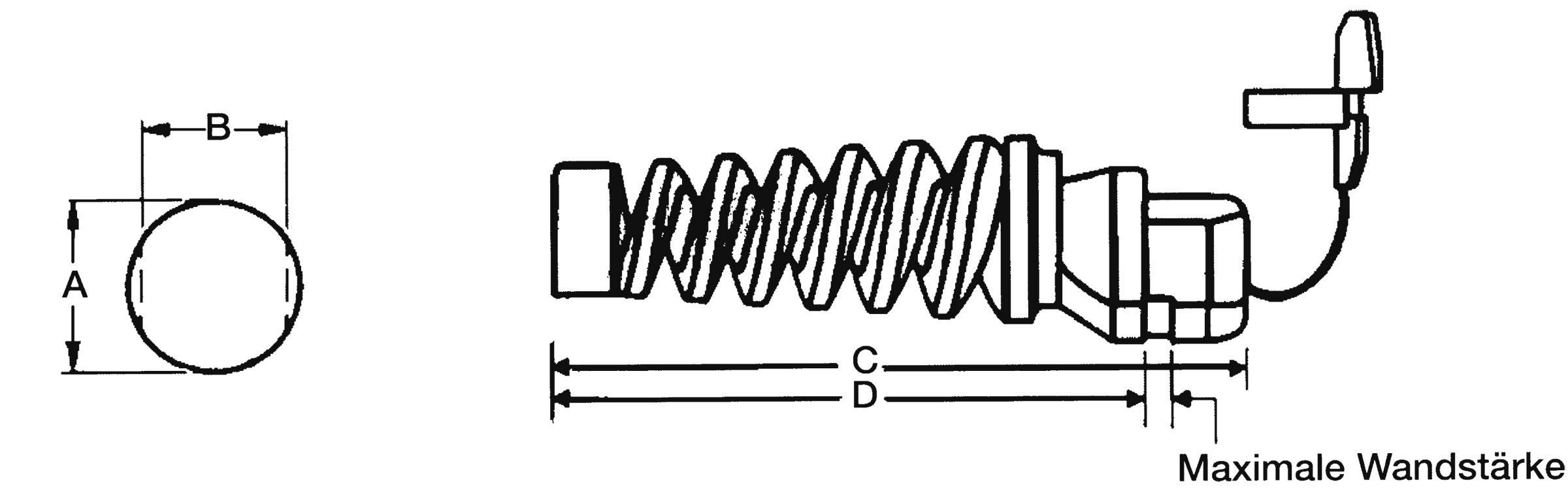 Fjädermekanism med märkningar 'A', 'B', 'C' och 'D', visar mått och maximal väggtjocklek. Diagram för teknisk illustration.