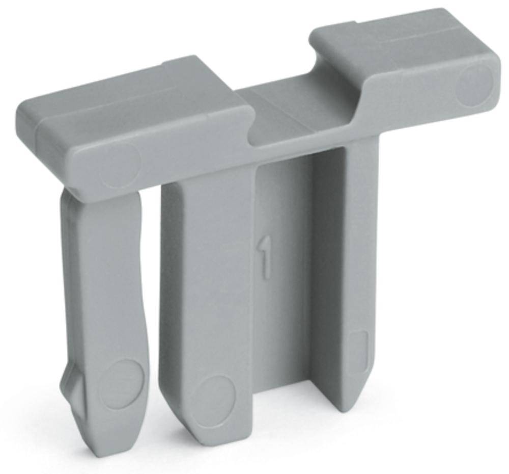 Grå plastdel i form av två separata hakar, möjligen ett förbindelselement eller ett fäste.