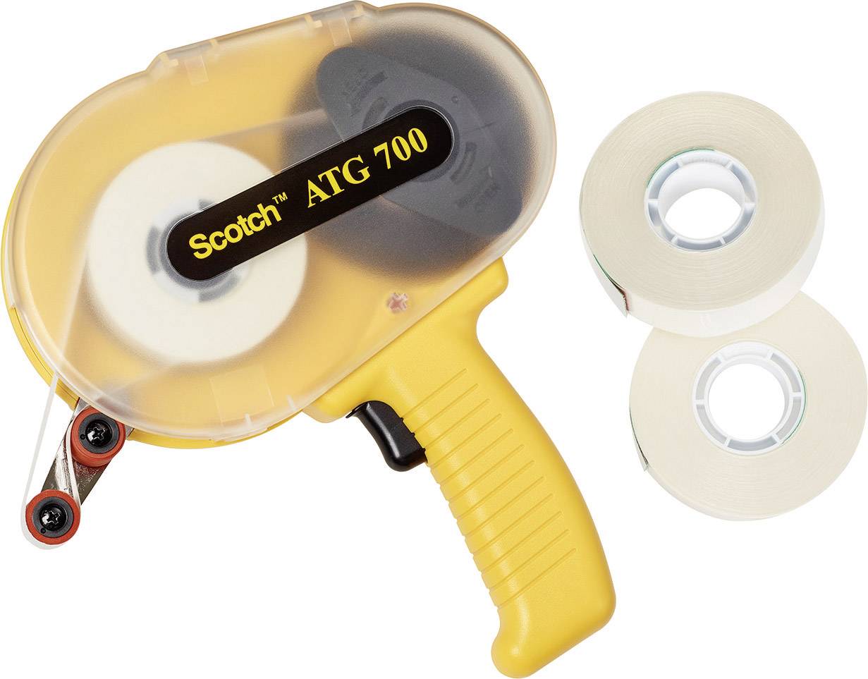 En gul tejpdispenser med två extra rullar, märkt 'Scotch ATG 700'.