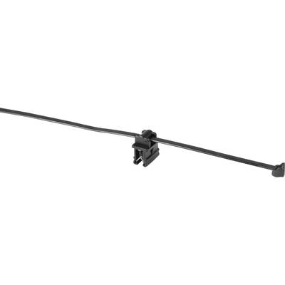 En svart kabel fästs med en klämma vid en tunn stång. Klämman håller kabeln säkert på plats vid stången.