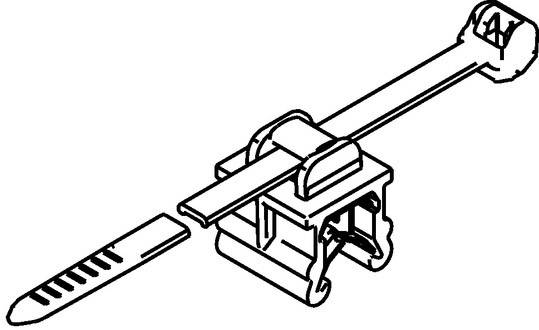 Illustration av en kabelbandhållare med ett spärrmekanismssystem som visar hur bandet förs in för säker fastsättning.