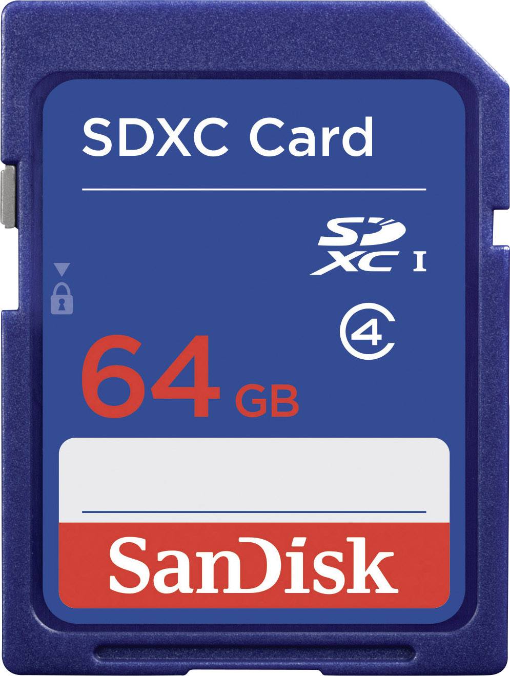 SDXC-minneskort från SanDisk med 64 GB lagringskapacitet, klass 4. Perfekt för lagring av foton och videor i hög kvalitet.