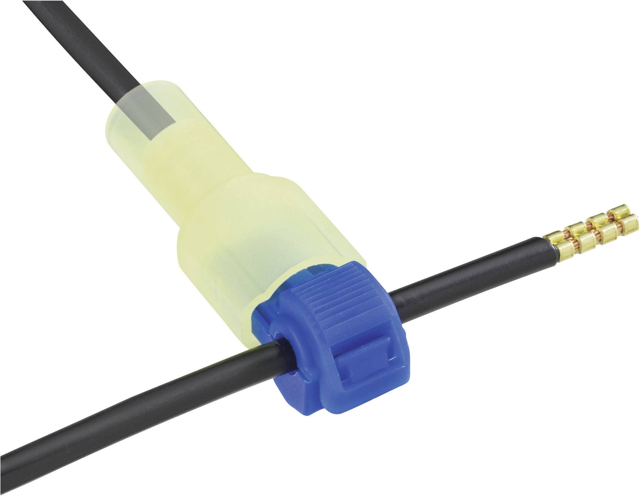 En svart kabel förbinds med en gul snabbkontakt. Ett blått element fixerar anslutningen.