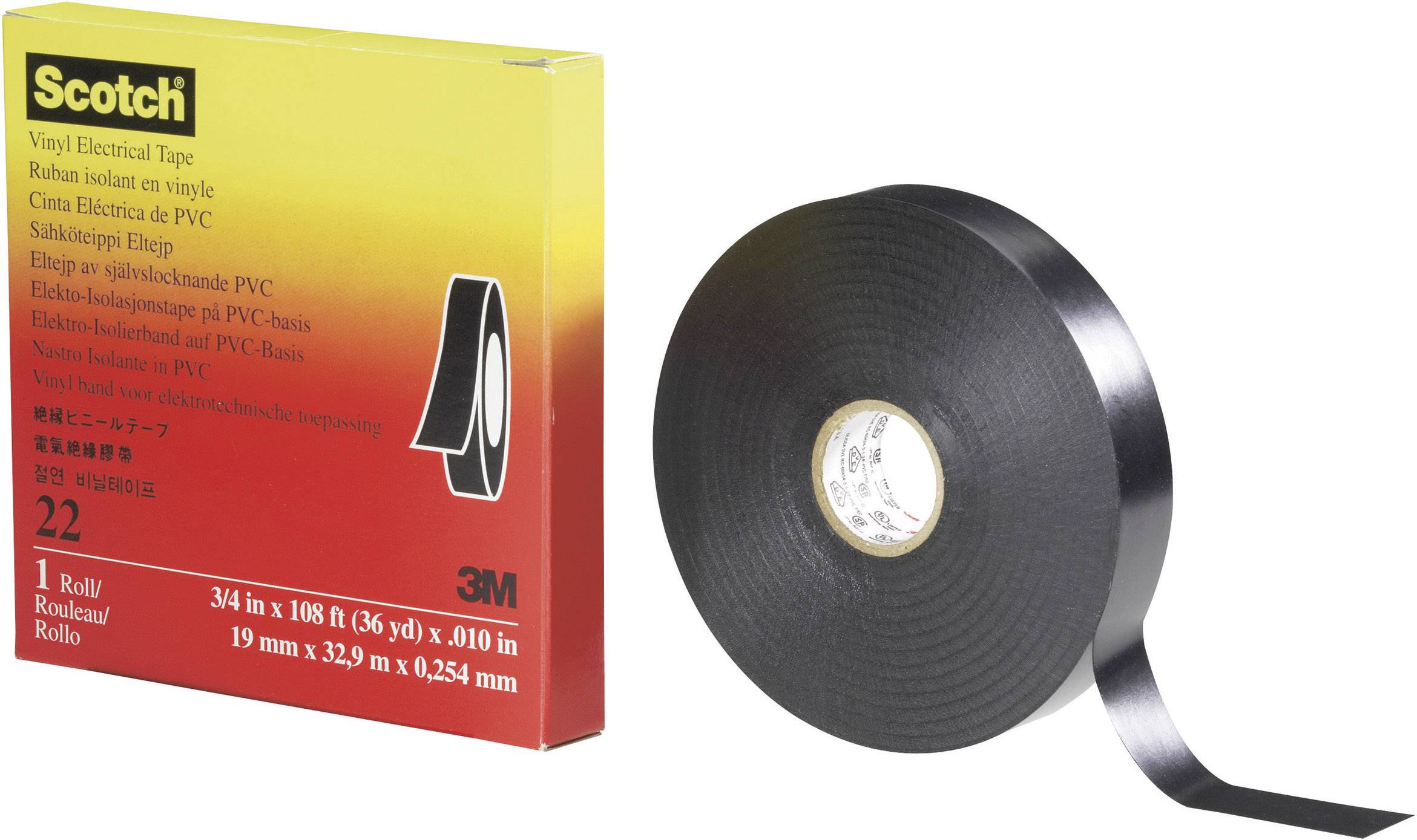 En rulle svart, isolerande PVC-tejp bredvid en röd förpackning av 'Scotch', lämplig för elektriska tillämpningar.