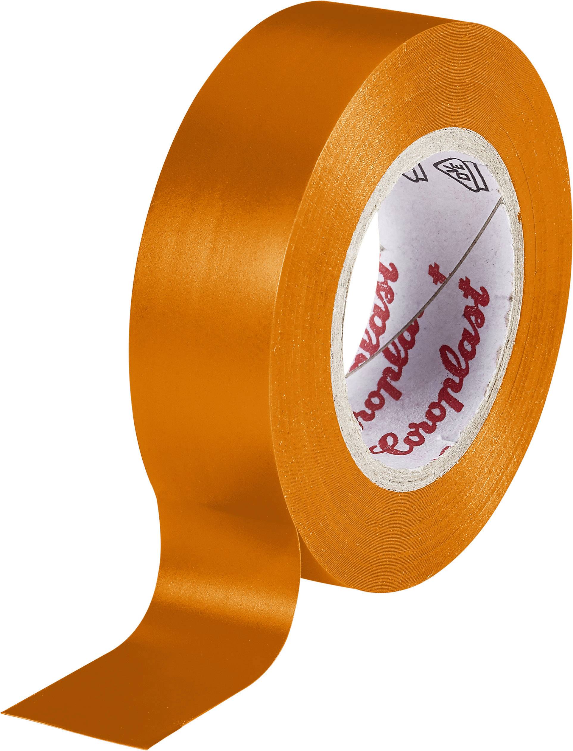 En rulle orange tejp med en lätt upprullad remsa. Invändigt syns texten 'Coroplast'.
