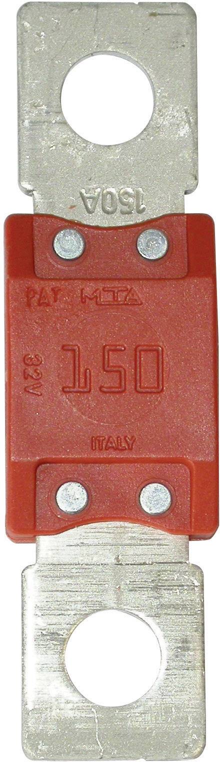 En röd 150A säkringshållare med metallkontakter i båda ändar. Text på höljet: '150A 32V, Italien'.
