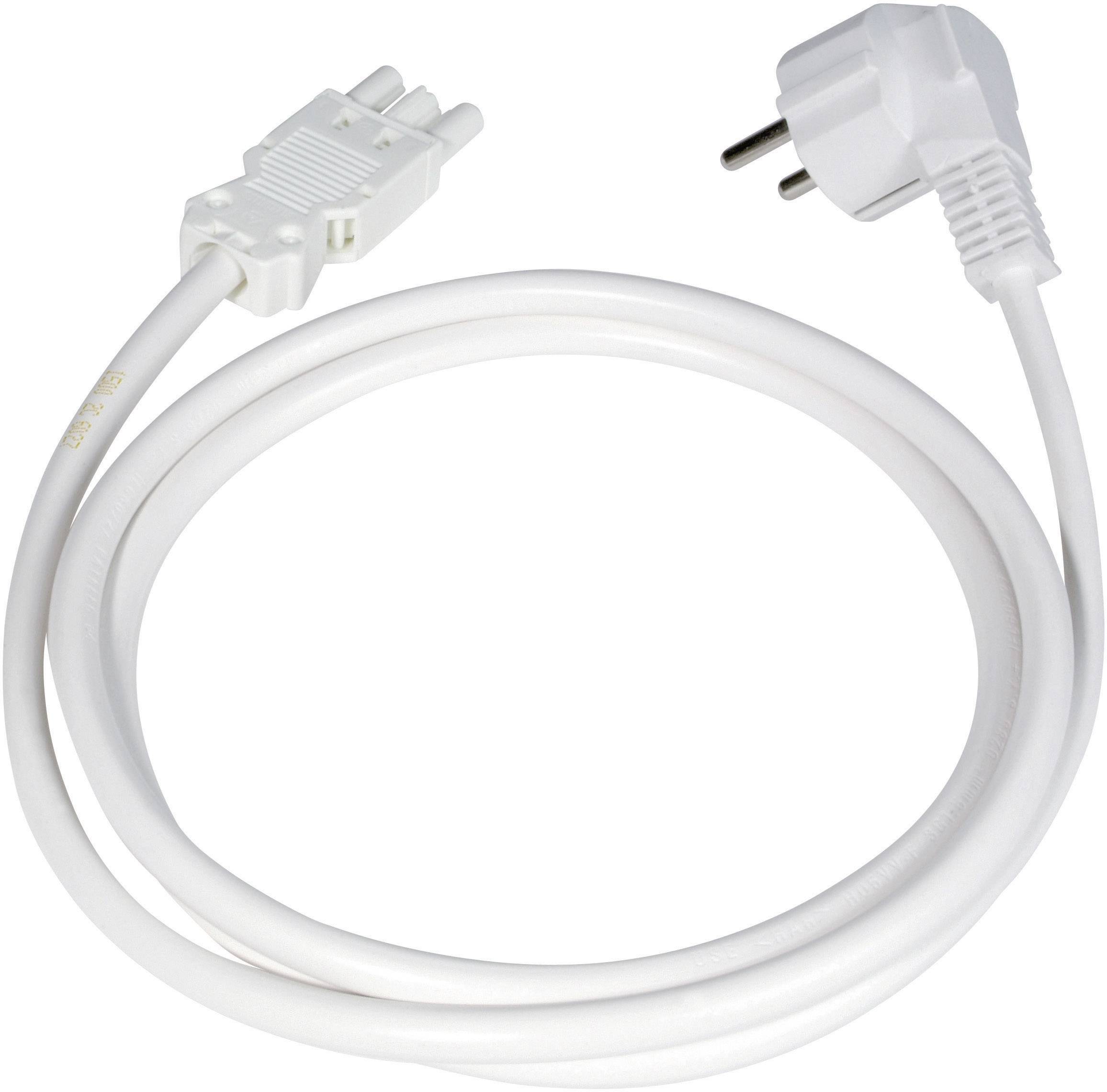 Vit strömkabel med en Schuko-kontakt på ena sidan och en IEC-anslutning på den andra, lämplig för elektroniska enheter.