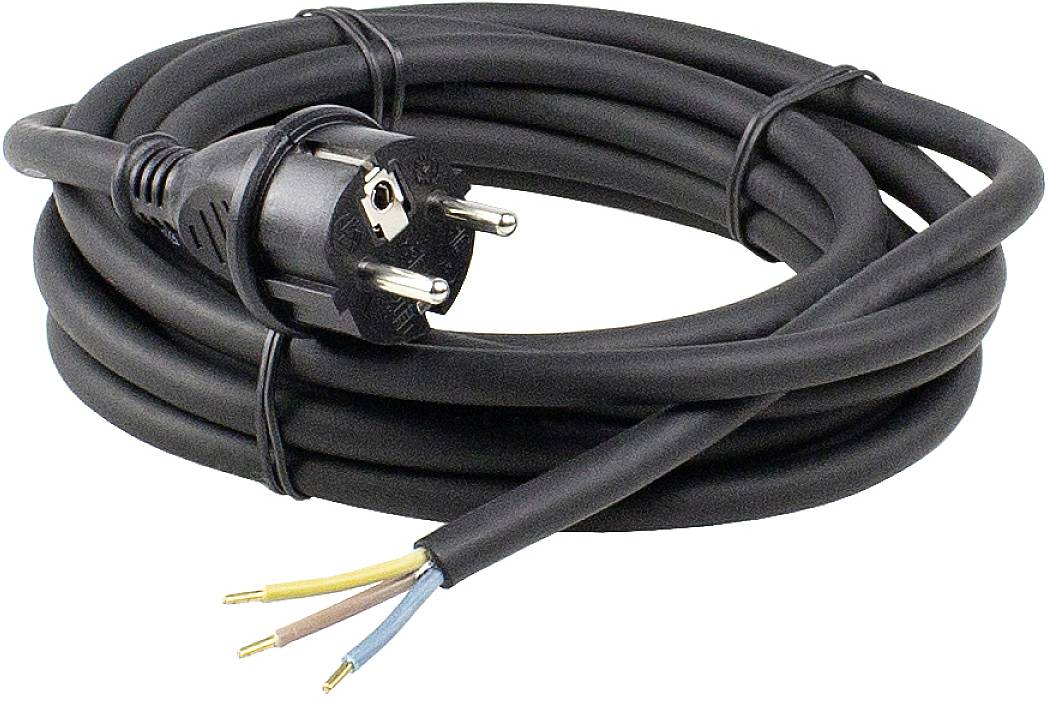 Svart nätverkskabel med trepolig kontakt, upprullat och säkrat med kabelbindare. Öppna ändar för elektriska anslutningar.